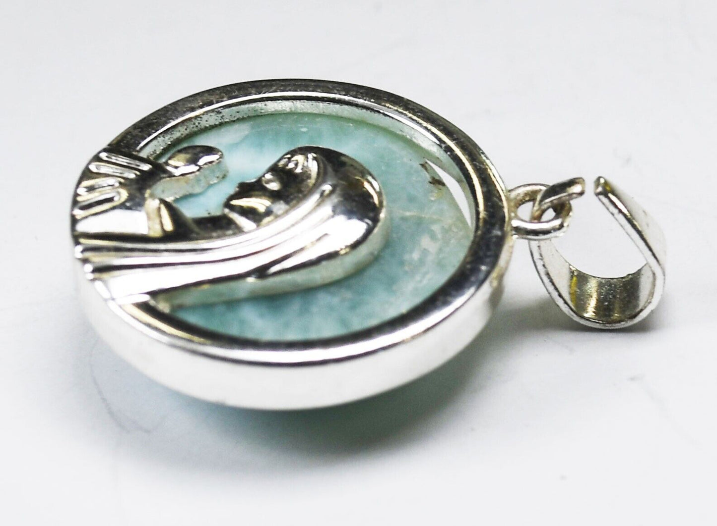 Silver Plated Larimar Round Reversible Prayer Pendant 30mm x 22mm