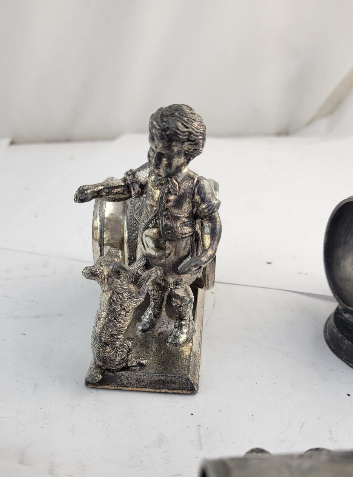 4 Victorian Figural Silver Plate Napkin Ring Holders Eagle. Boy Dog, Girl Child