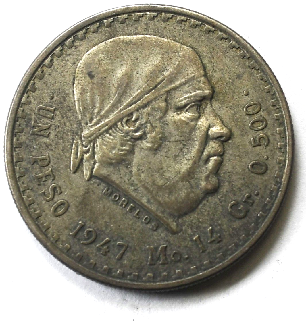 1947 Mexico Estados Unidos Mexicanos 1 One Peso Silver Coin KM#456