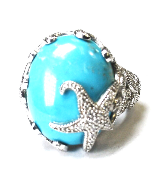 Sterling Silver Man Made Turquoise Starfish Diamond 22mm Ring Size 5