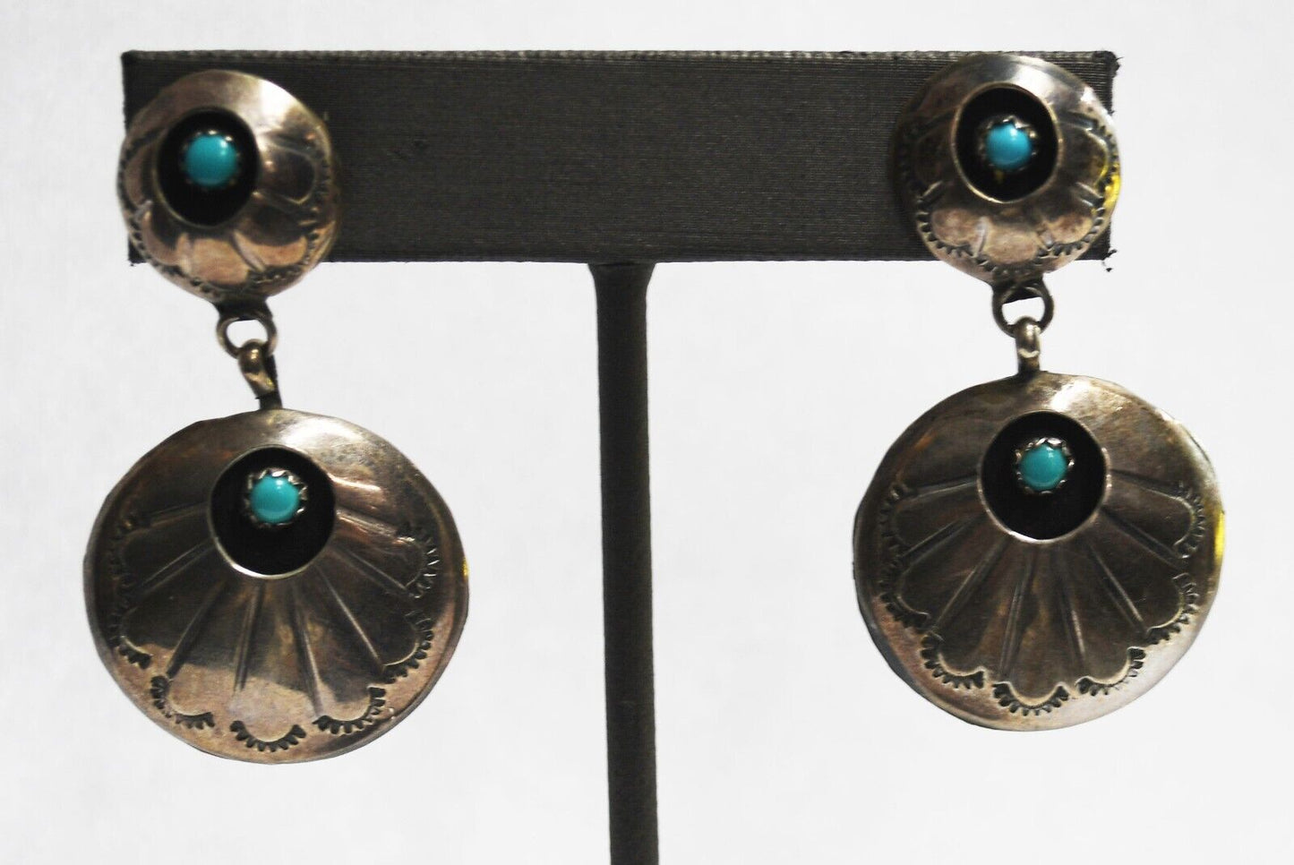 Sterling Silver Signed R Turquoise Round Shadow Box Earrings 44mm x 25mm