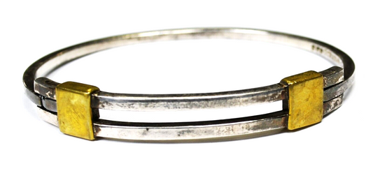 Sterling Silver Double Bar Hinged Two Tone Bracelet 10mm 6-3/4" Wrist