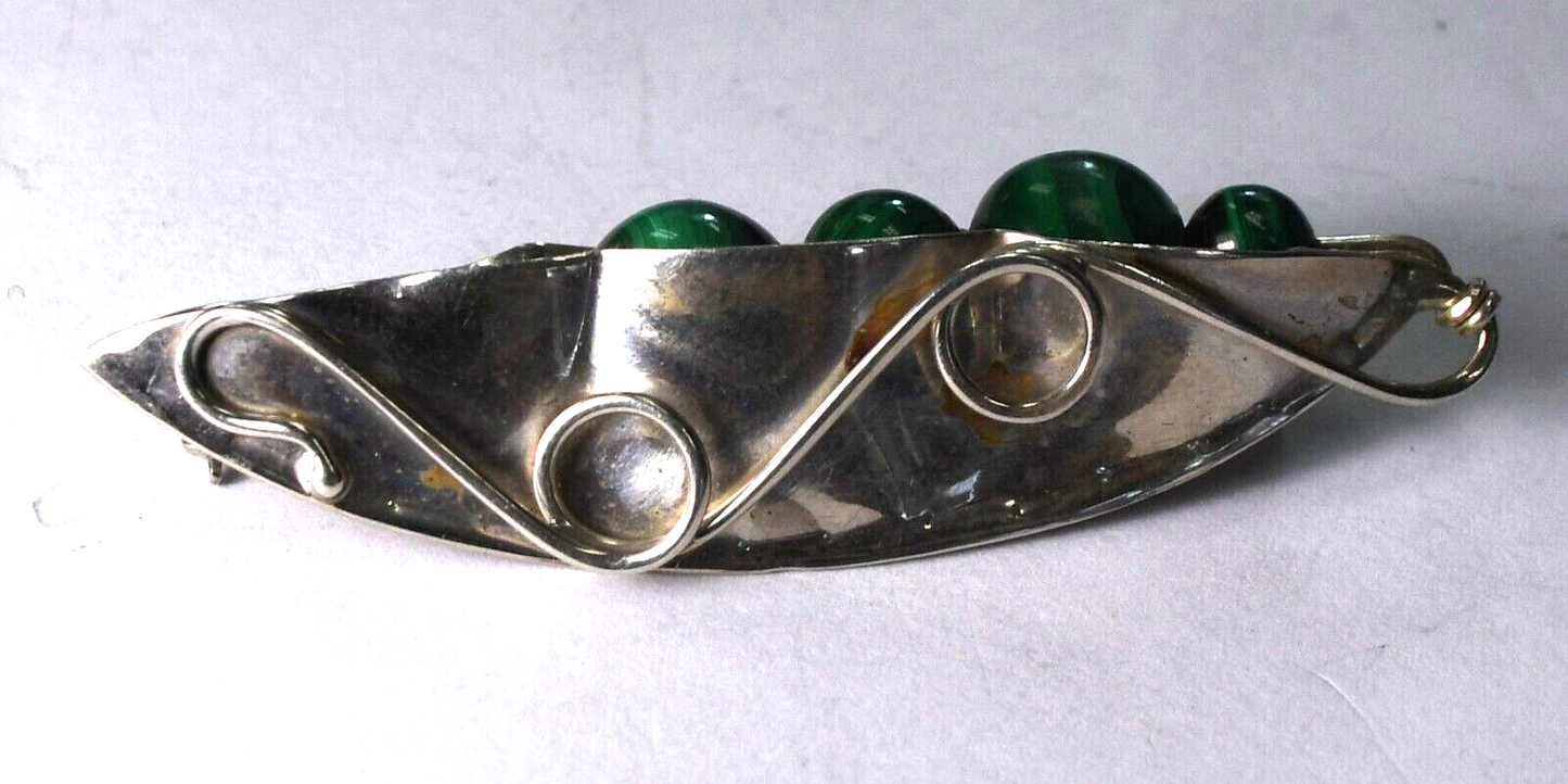 Sterling Silver GFMW Peapod Malachite Brooch Pin 62mm x 17mm