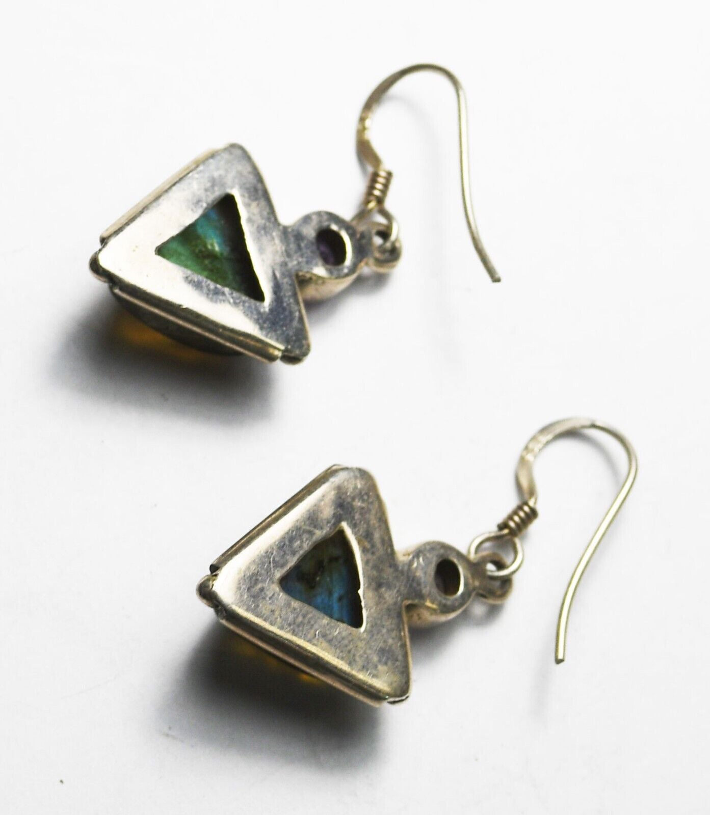 Sterling Silver Labradorite Triangle Amethyst Dangle Hook Earrings 35mm x 16mm