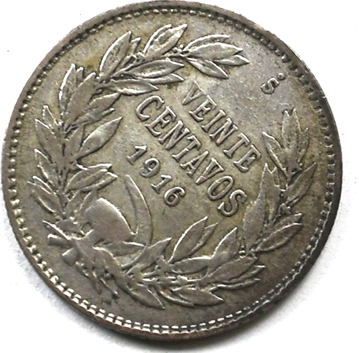 1916 Chile 20 Centavos Silver Coin KM# 151.4