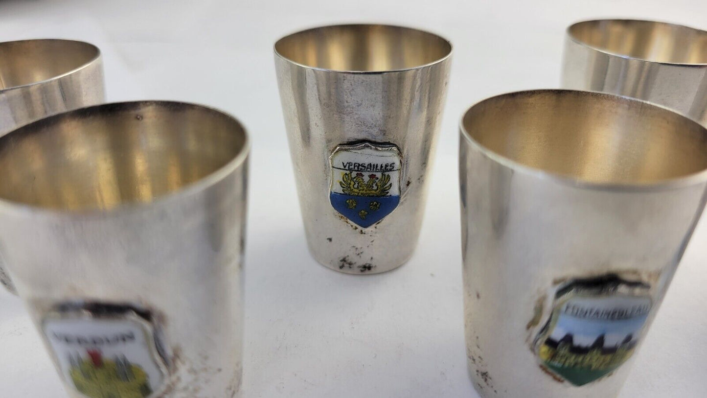 6pc. Sterling Souvenir Shot Glasses 2.4oz. Paris, Orleans, Versailles 1 3/8"