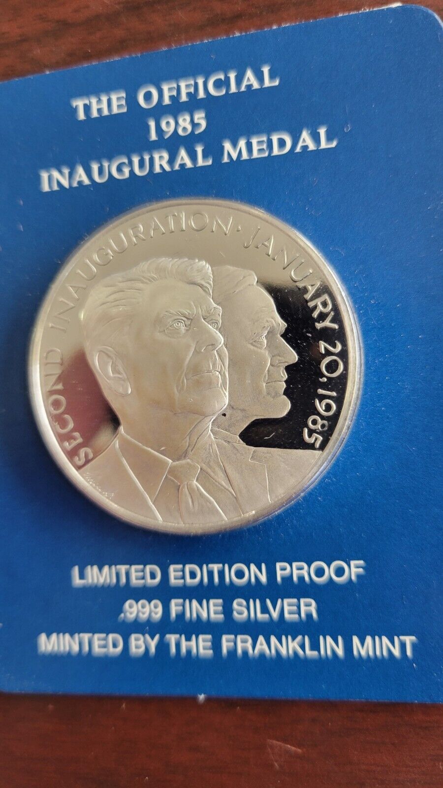 Official 1985 Ronald Reagan Bush Inaugural Medal .999 Fine Silver Limited Proof