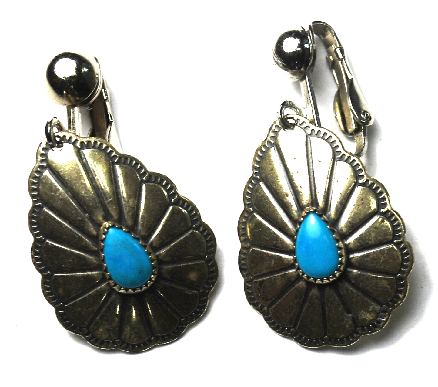 Sterling Silver Wheeler Turquoise Teardrop Concho Clip On Earrings 39mm x 20mm
