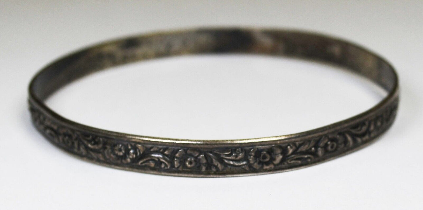 Vintage Sterling Silver Danecraft Flower Leaf Scroll Bangle 6mm Bracelet