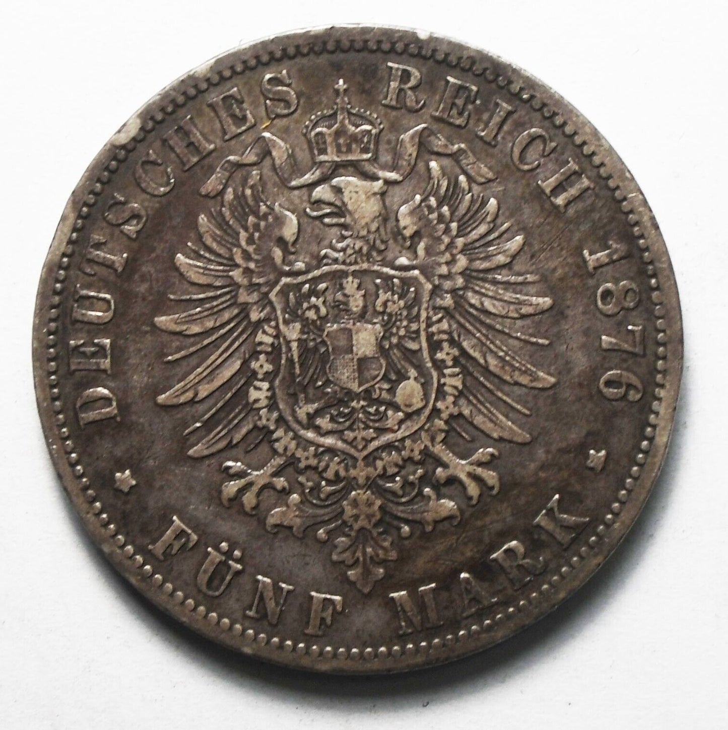 1876 B German States Prussia 5 Mark Silver Coin KM# 503