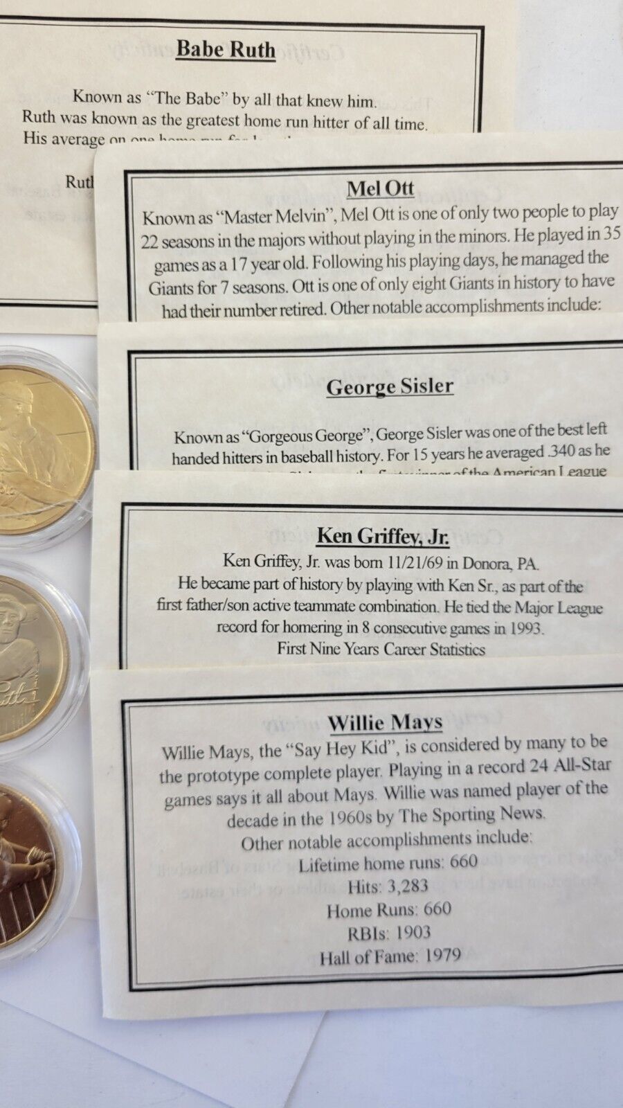 12pc.Shining Stars of Baseball Plated 24KT Gold: CyYoung, Bebe Ruth, Willie Mays