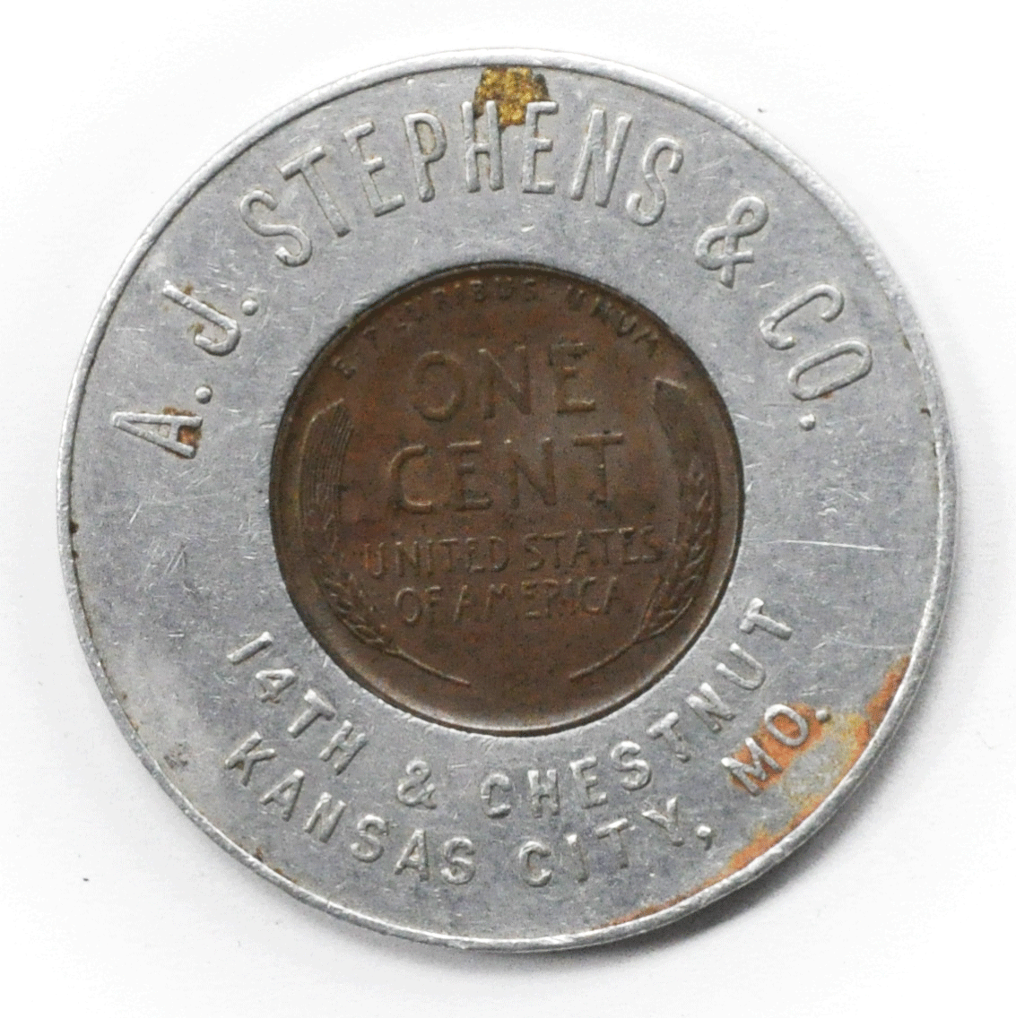 AJ Stephens Co 14th Chestnut Kansas City Missouri 1946 1c Encased Wheat 35mm