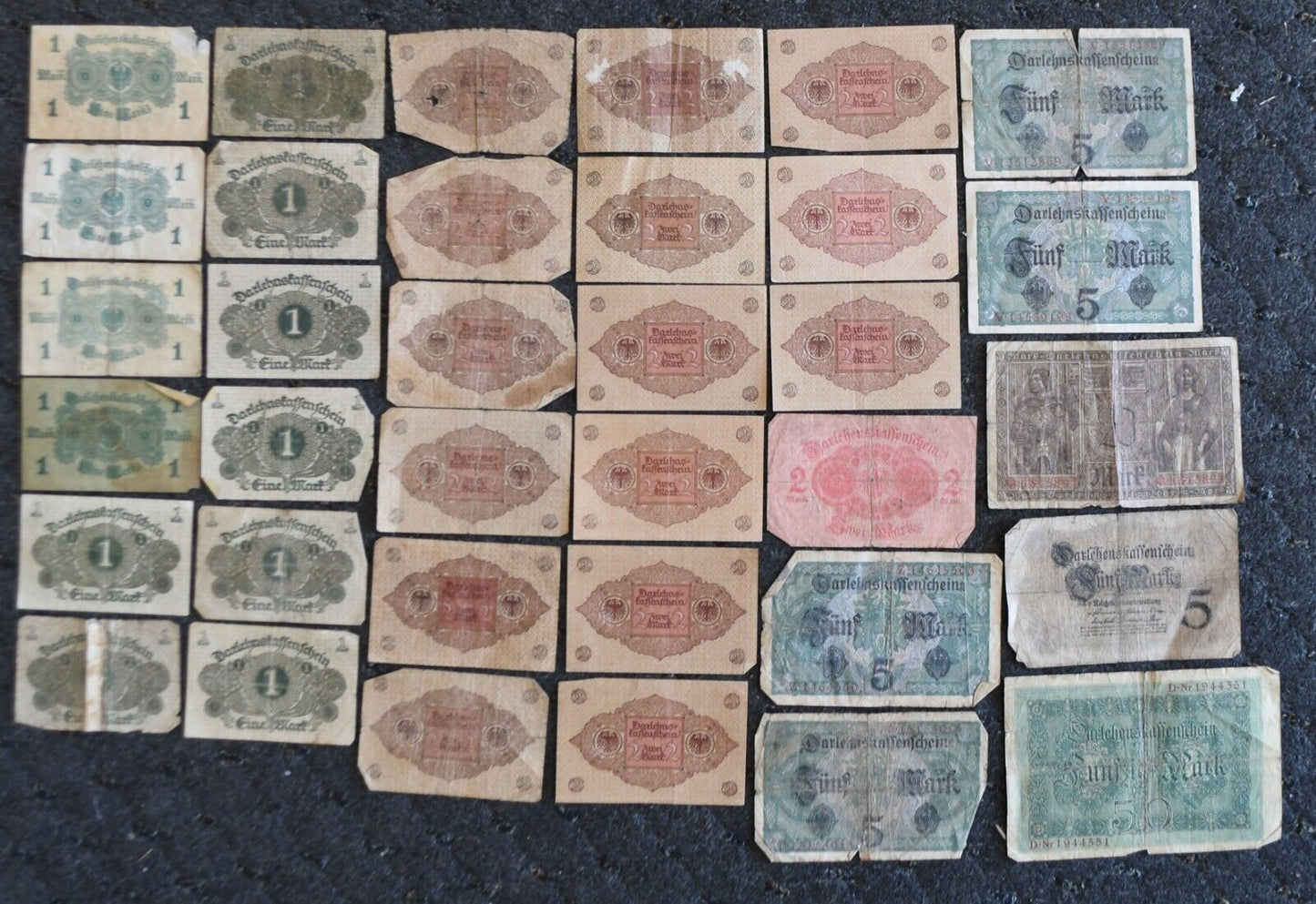 35- 1914-1920 Germany 1 2 5 20 & 50 Mark Banknotes Darlehenskaffenfchein