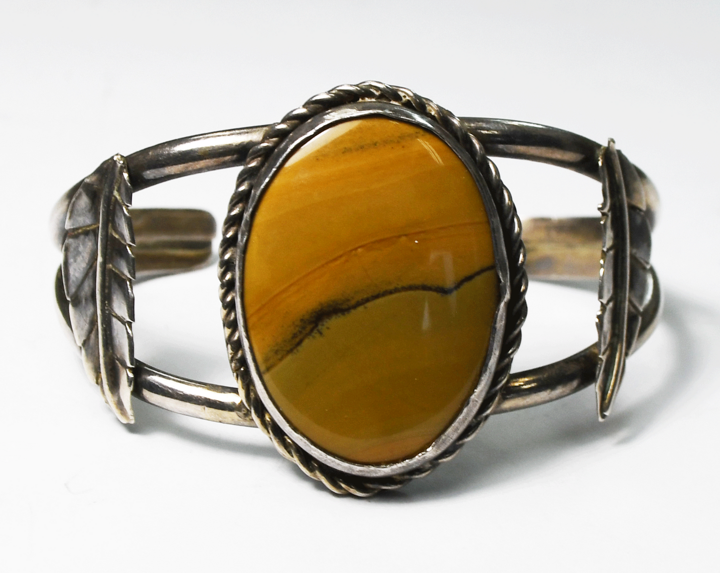 Sterling Silver Oval Jasper Leaf Edge Cuff 34mm Cuff Bracelet 5-3/4" Wrist