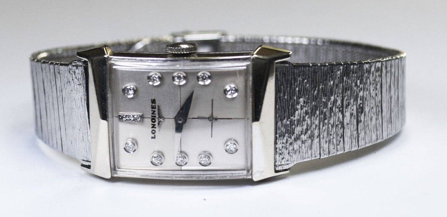 Vintage Longines 14k White Gold 2041 Manual Wind 9LT 13 Diamond 23mm Hooded