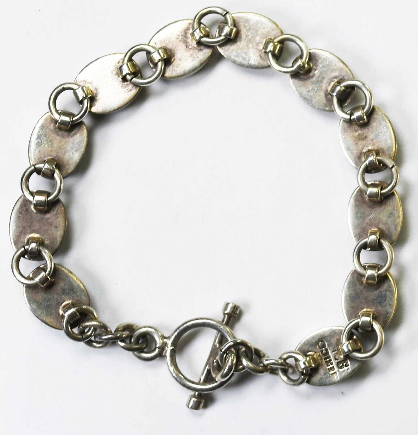 Sterling Silver Black Enamel Oval Link Toggle Bracelet 9mm 7-3/4"