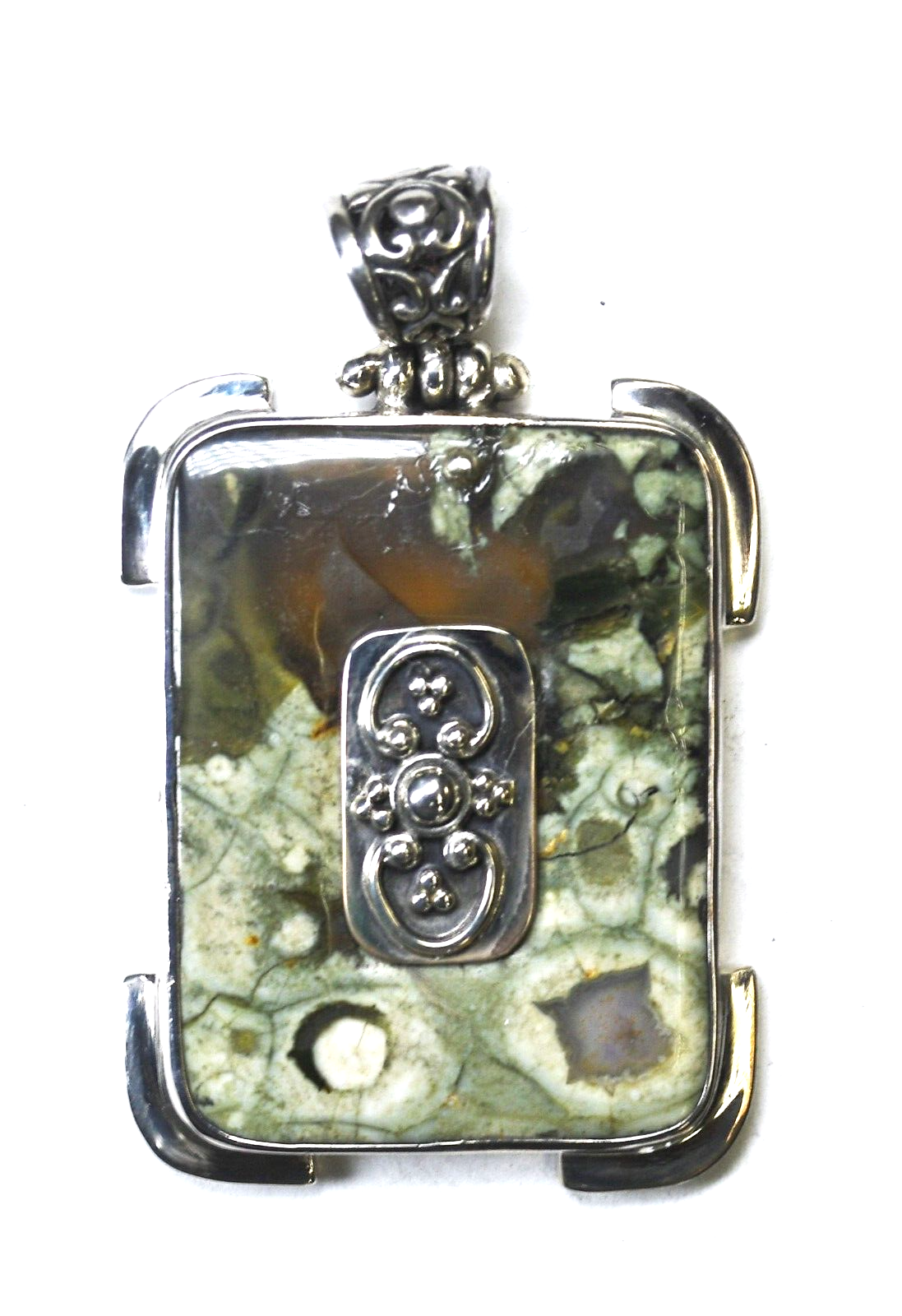 Sterling Silver Rectangle Ocean Jasper Pendant 57mm x 35mm