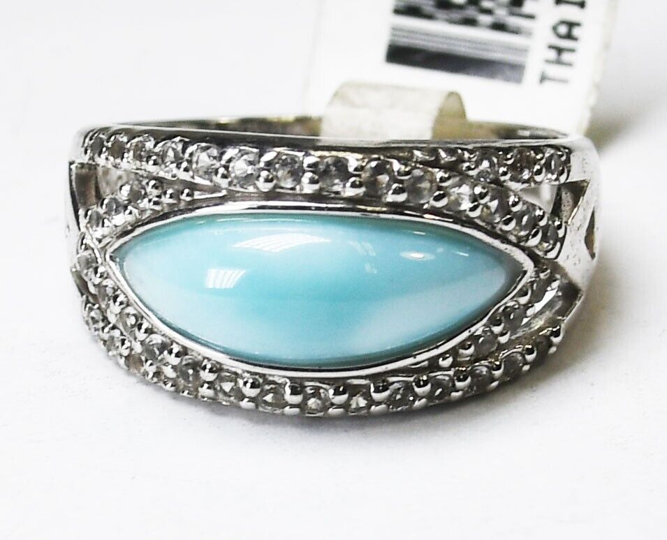 Sterling Silver NOA Larimar CZ Halo Ring 10mm Size 8