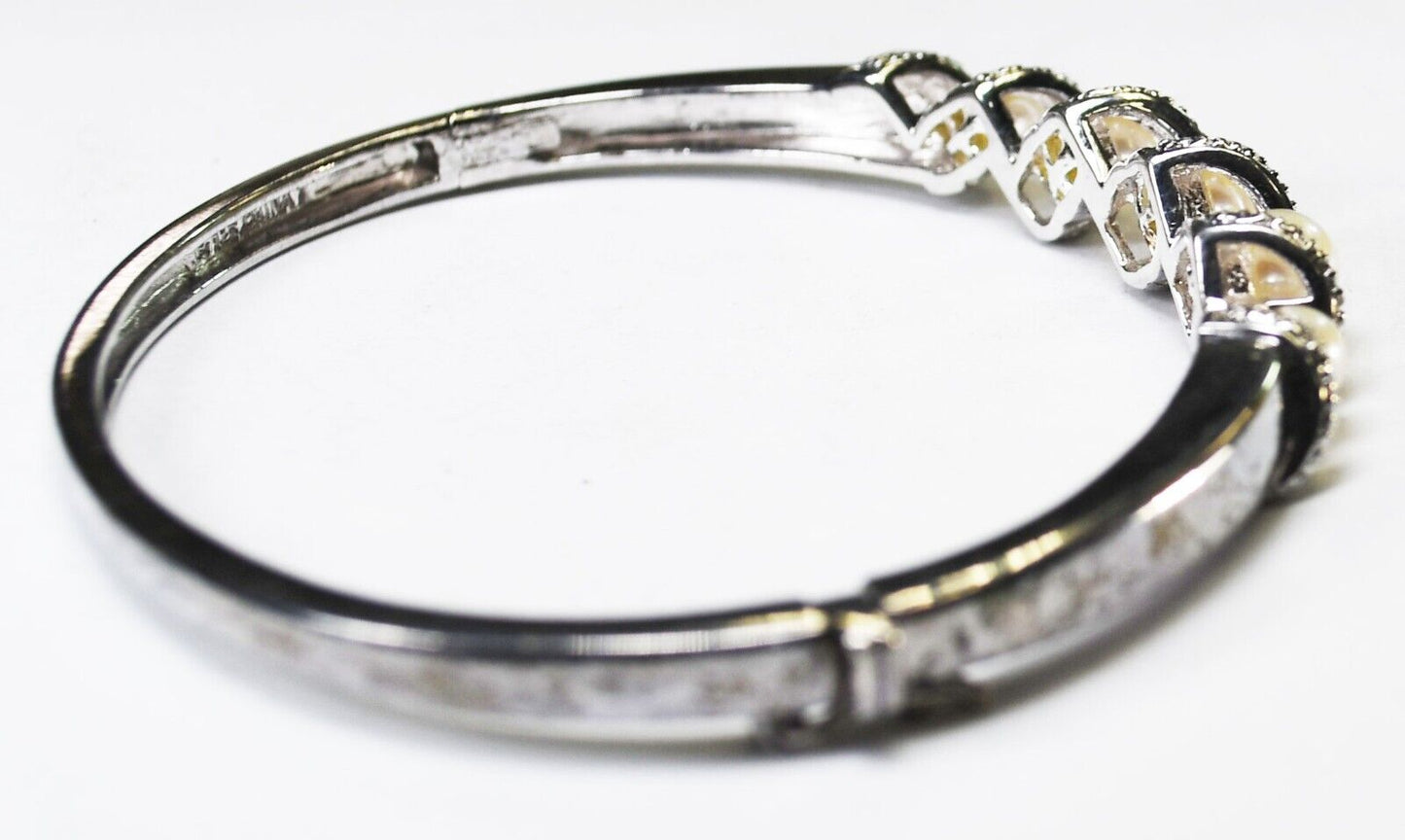 Sterling Silver Pearl CZ Hinged Bangle 9mm Bracelet