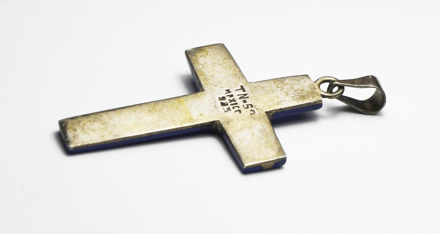 Sterling Silver TN-52 Lapis Onyx Turquoise Inlay Cross Pendant 53mm x 28mm