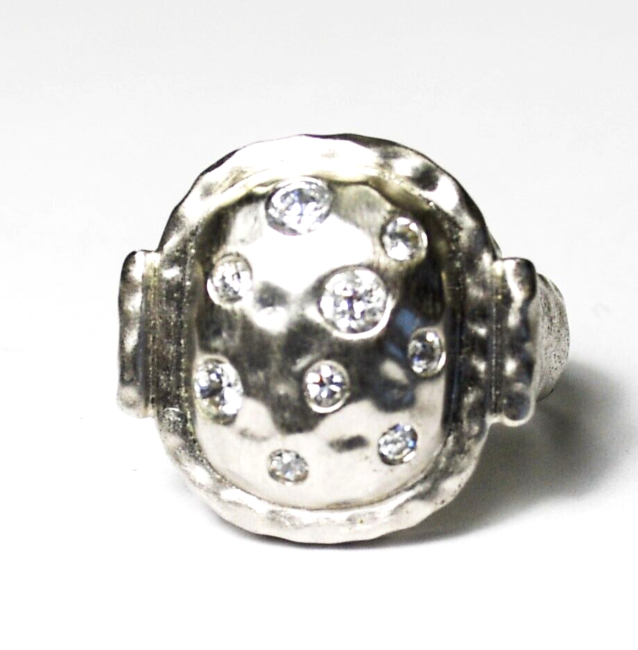 Sterling Silver Domed Hammered CZ Ring 19mm Size 8