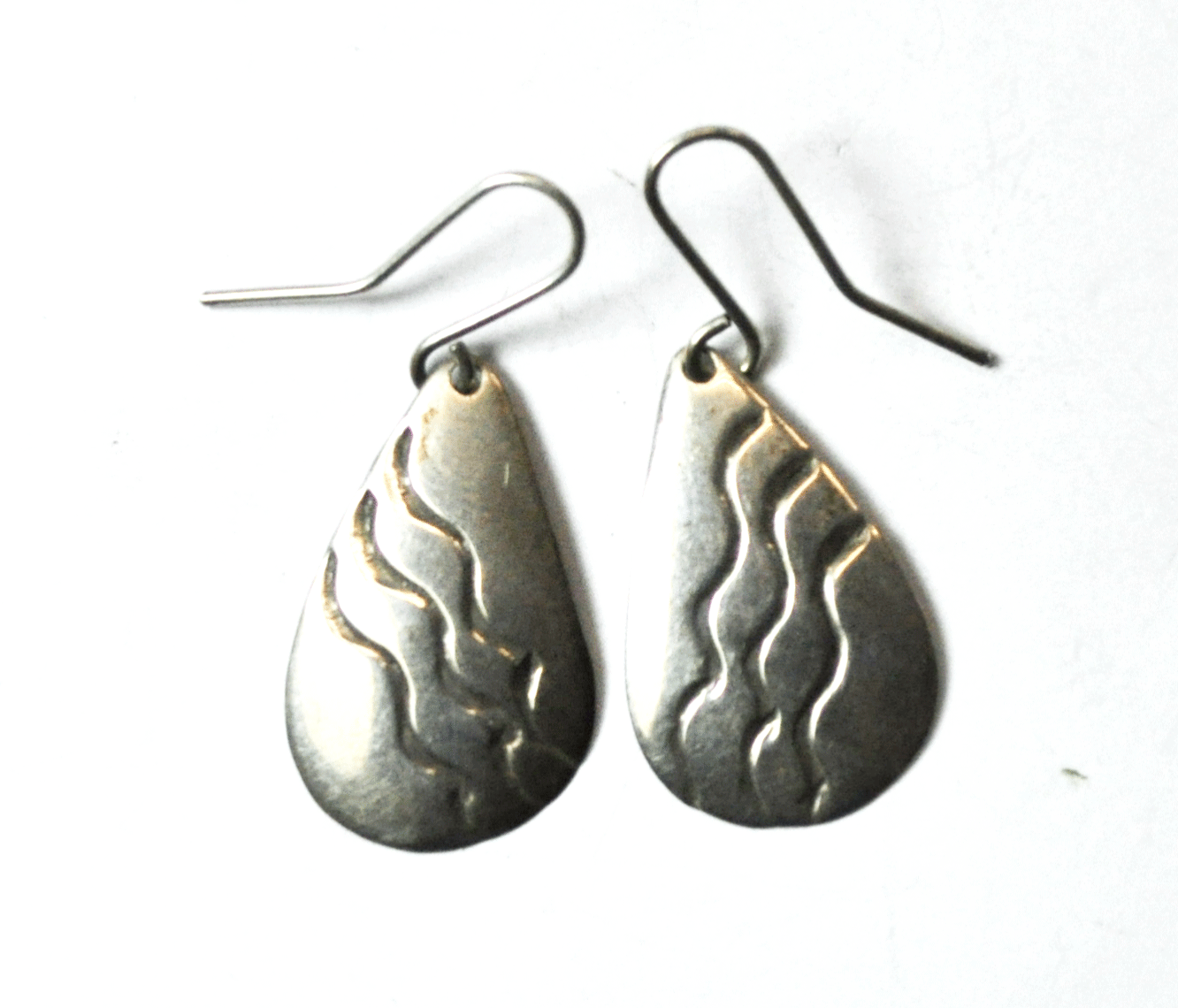 Sterling Silver Teardrop Wave Stripe Earrings Hook Dangle 1-3/8" x 19mm