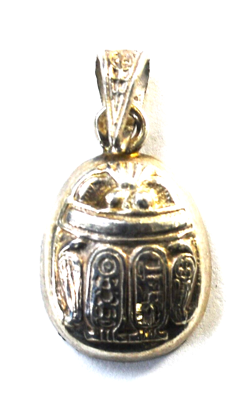 Sterling Silver Scarab Hieroglyphics Beetle Pendant 26mm x 13mm