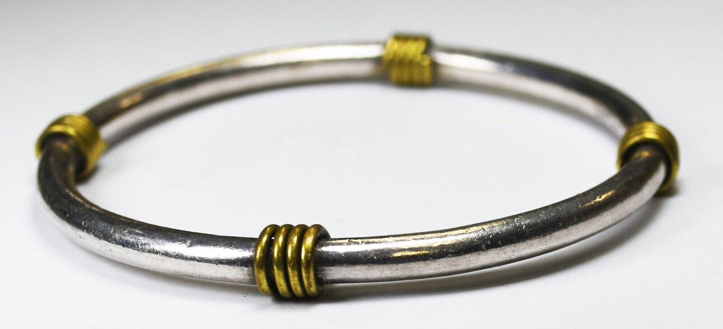 Sterling Silver Mexico 4mm Bar Bangle Brass Twists 2 Tone Medium Bracelet