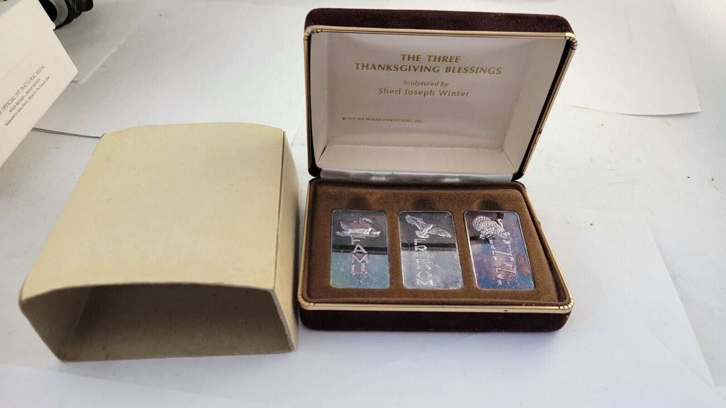 1973 Mount Everest Mint 3oz. Thanksgiving Blessings Silver Set .999 Fine Boxed