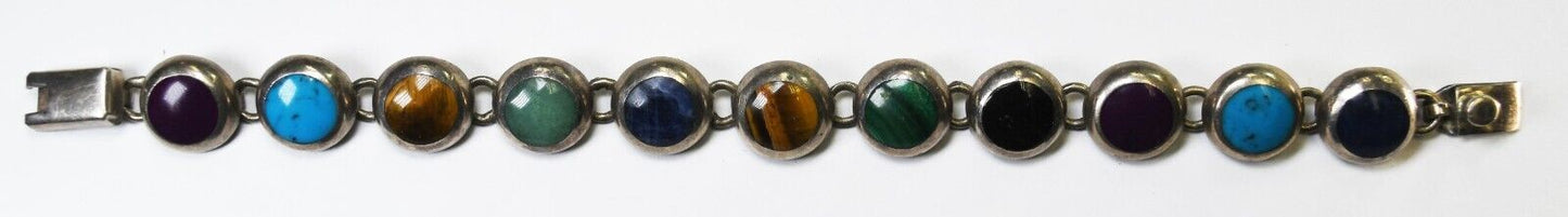 Sterling Silver Mexico Multi Stone Round Link Bracelet 13mm 7"