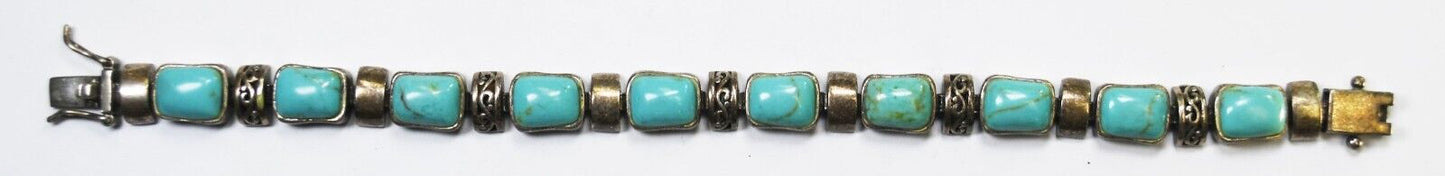 Sterling Silver Dyed Howlite Turquoise Rectangle Filigree Bracelet 9mm 7"