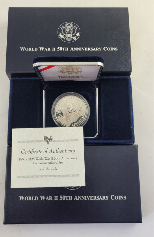 World War II 50th Anniversary Commemorative Coins US Mint W Silver Dollar Boxed