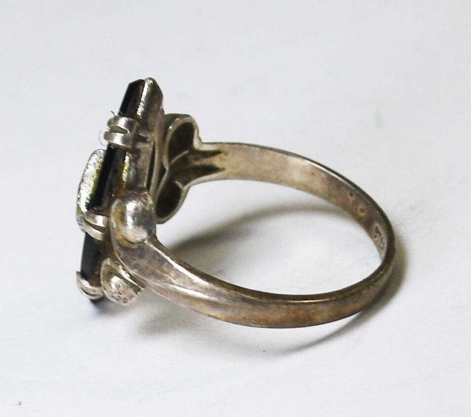 Sterling Silver Cradle Craft Onyx Rhinestone Ring 18mm Size 7.5