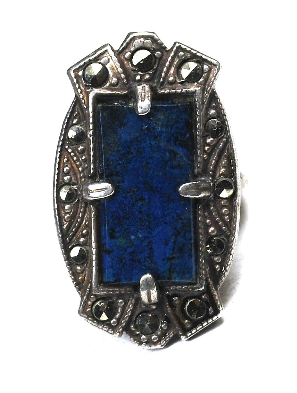 Sterling Silver Rectangle Lapis Marcasite 27mm Ring Size 3.5