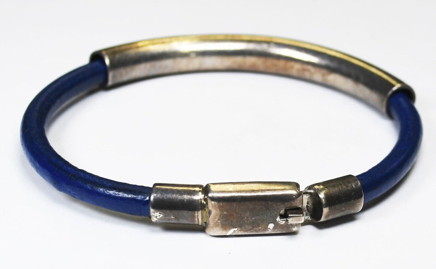 Sterling Silver Stripe Slider Blue Leather Bangle Bracelet 7mm 7" Wrist