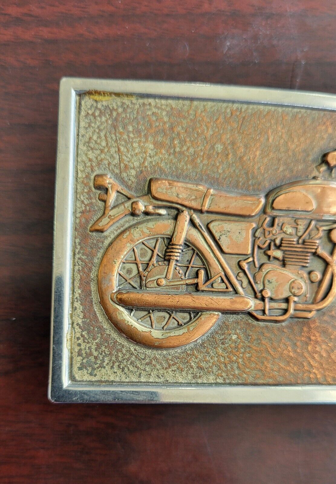 Vintage Motorcycle Belt Buckle Copper Inserted In Stainless Steel 3 1/4"x 2 1/4"