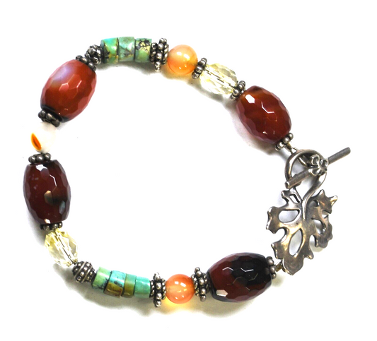 Sterling Silver Leaf Toggle Agate Turquoise Bead Bracelet 12mm 8.5"