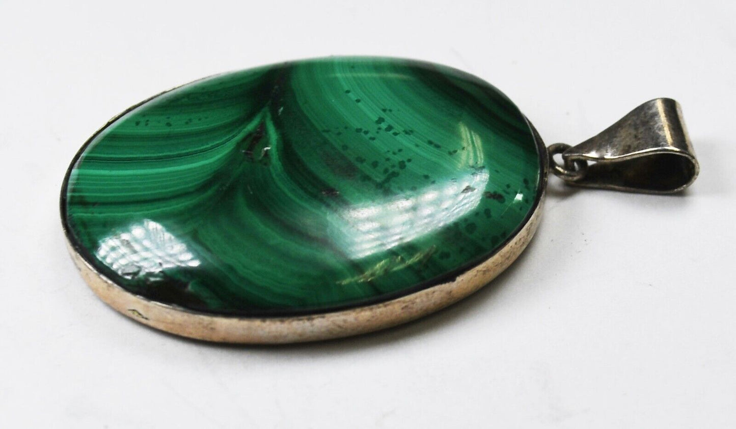 Sterling Silver Oval Green Malachite Pendant 41mm x 23mm
