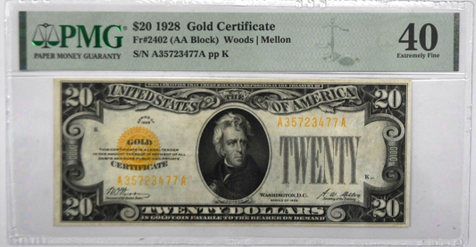 1928 $20 Twenty Dollars Gold Certificate A35723477A Fr#2402 PMG XF 40