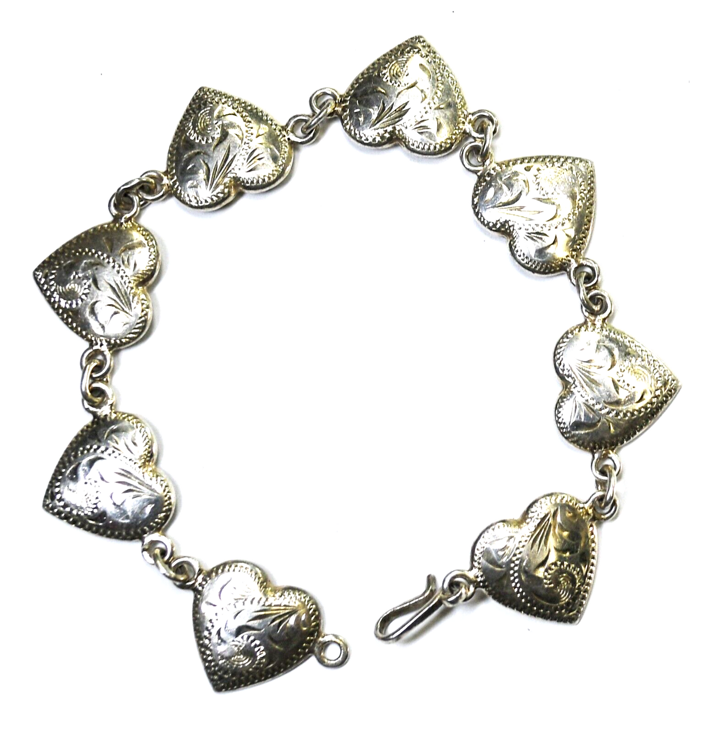 Sterling Silver Etched Heart Link Bracelet 15mm 8" Wrist