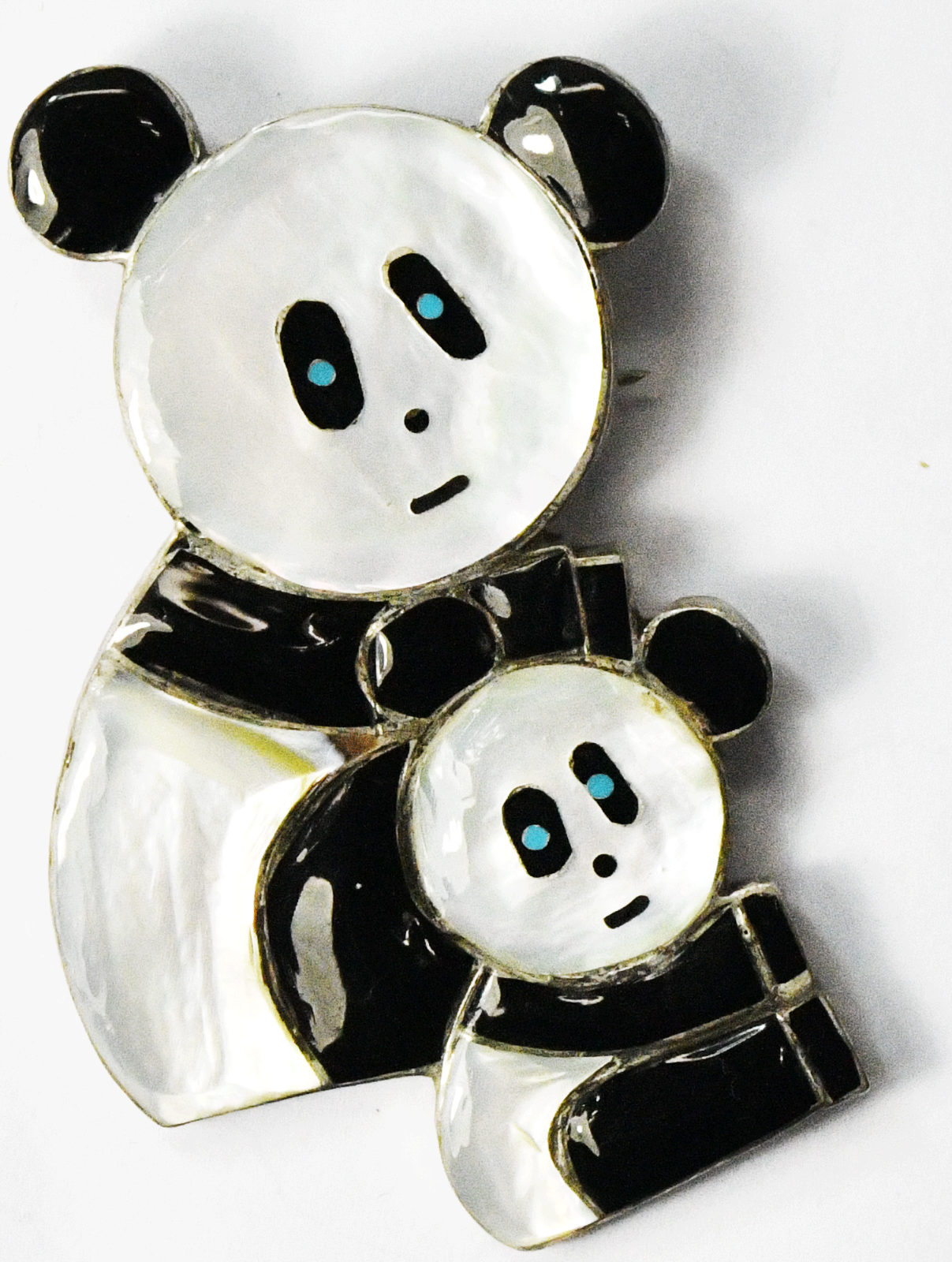Sterling Silver RKL Panda & Cub Onyx Turquoise MOP Inlay Pendant Brooch 73x46mm