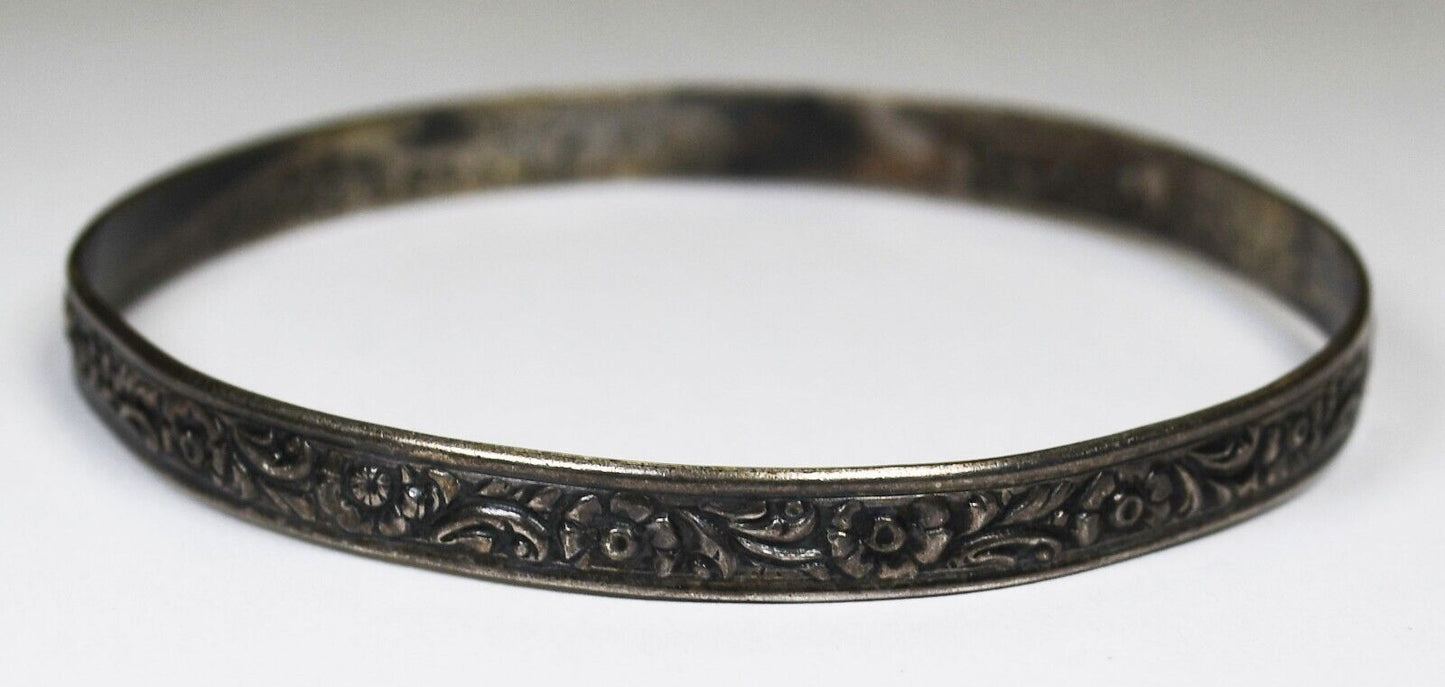 Vintage Sterling Silver Danecraft Flower Leaf Scroll Bangle 6mm Bracelet
