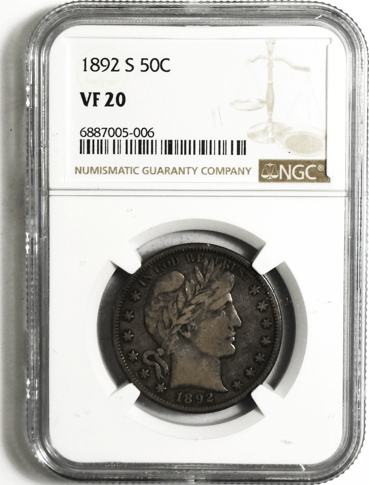 1892 S 50c Barber Silver Half Dollar Fifty Cents US San Francisco VF20