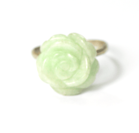 Sterling Silver Gil HK Carved Green Jade Flower Solitaire Ring 16mm Size 9.5