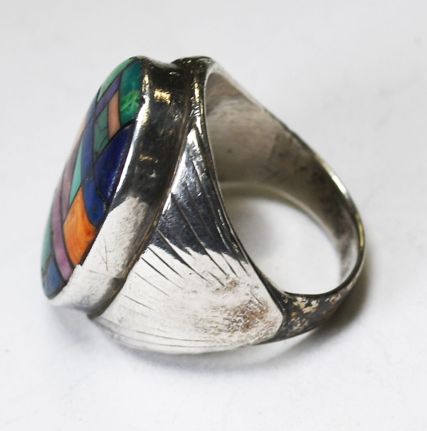 Sterling Silver Frank Yazzie Turquoise Spiny Oyster Inlay Ring 28mm Size 10