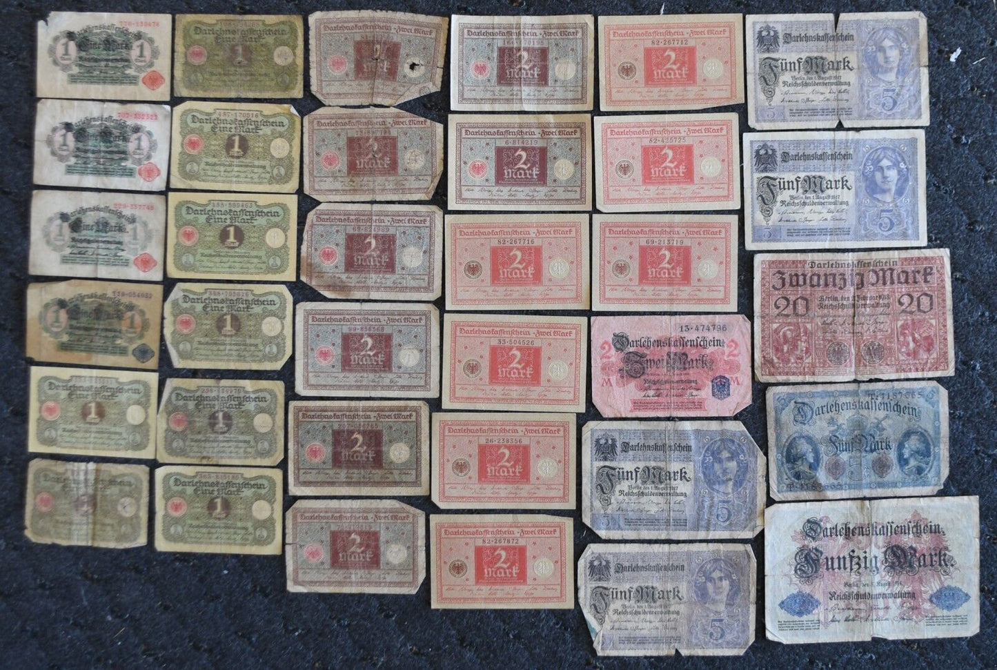 35- 1914-1920 Germany 1 2 5 20 & 50 Mark Banknotes Darlehenskaffenfchein