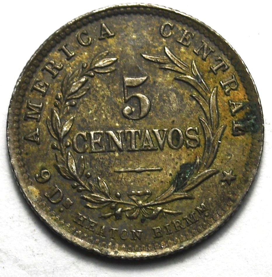 1890 Costa Rica 5 Centavos Silver Coin KM# 128 HEATON