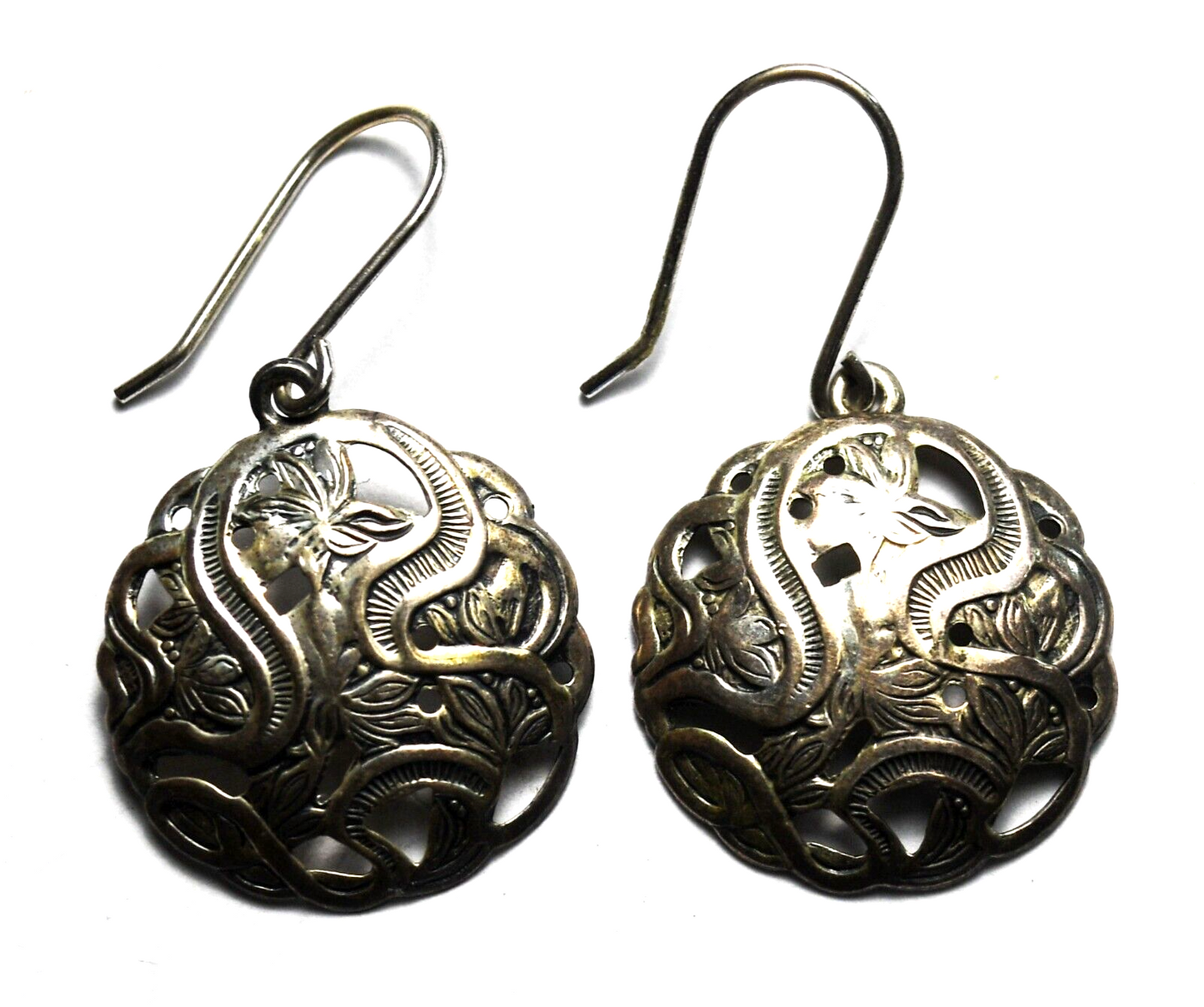 Sterling Silver Vintage Round Scroll Floral Filigree Disc Earrings 18mm x 32mm