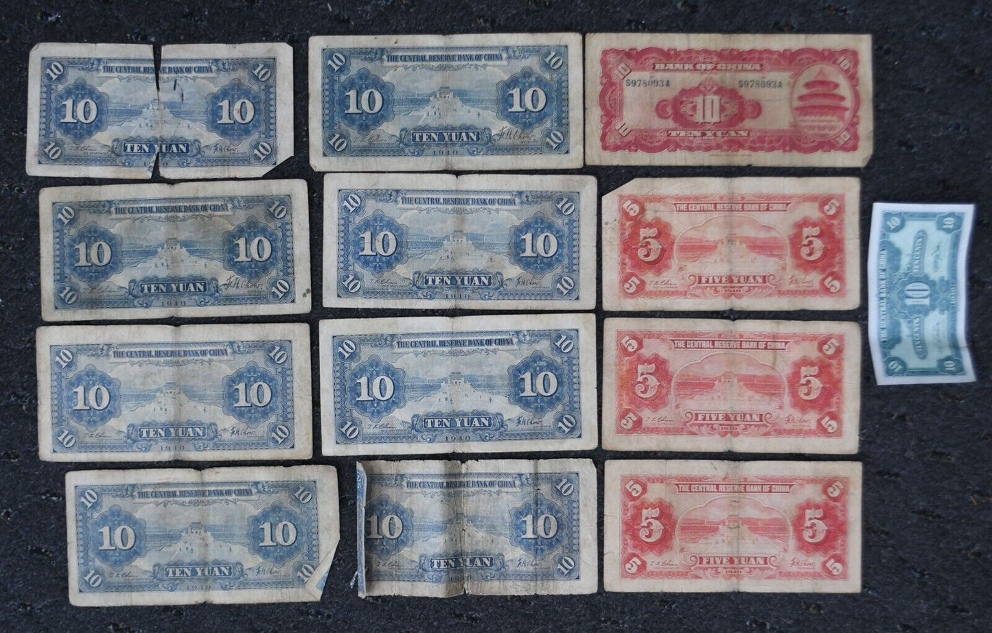 13- 1940 Central Bank of China 5 10 Yuan & 10c Notes