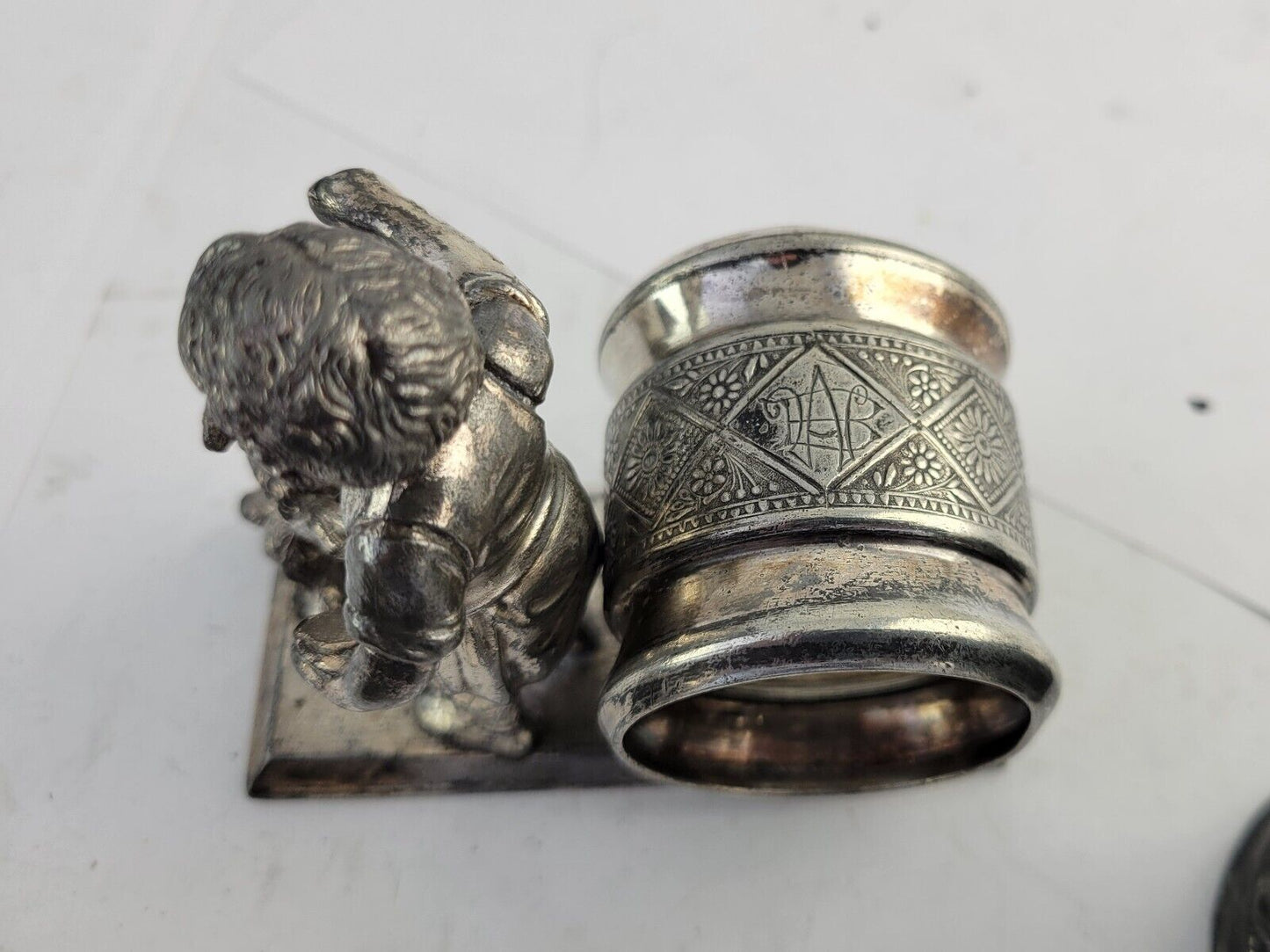 4 Victorian Figural Silver Plate Napkin Ring Holders Eagle. Boy Dog, Girl Child